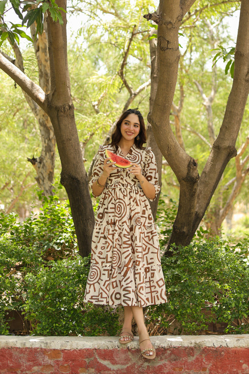 Women Abstract Printed Pure Cotton Tiered Fit & Flare Midi Dress